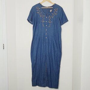 Vintage Blue Jean Cotton Blend Embroidery Short Sleeve ButtonDenim Dress Sz 14